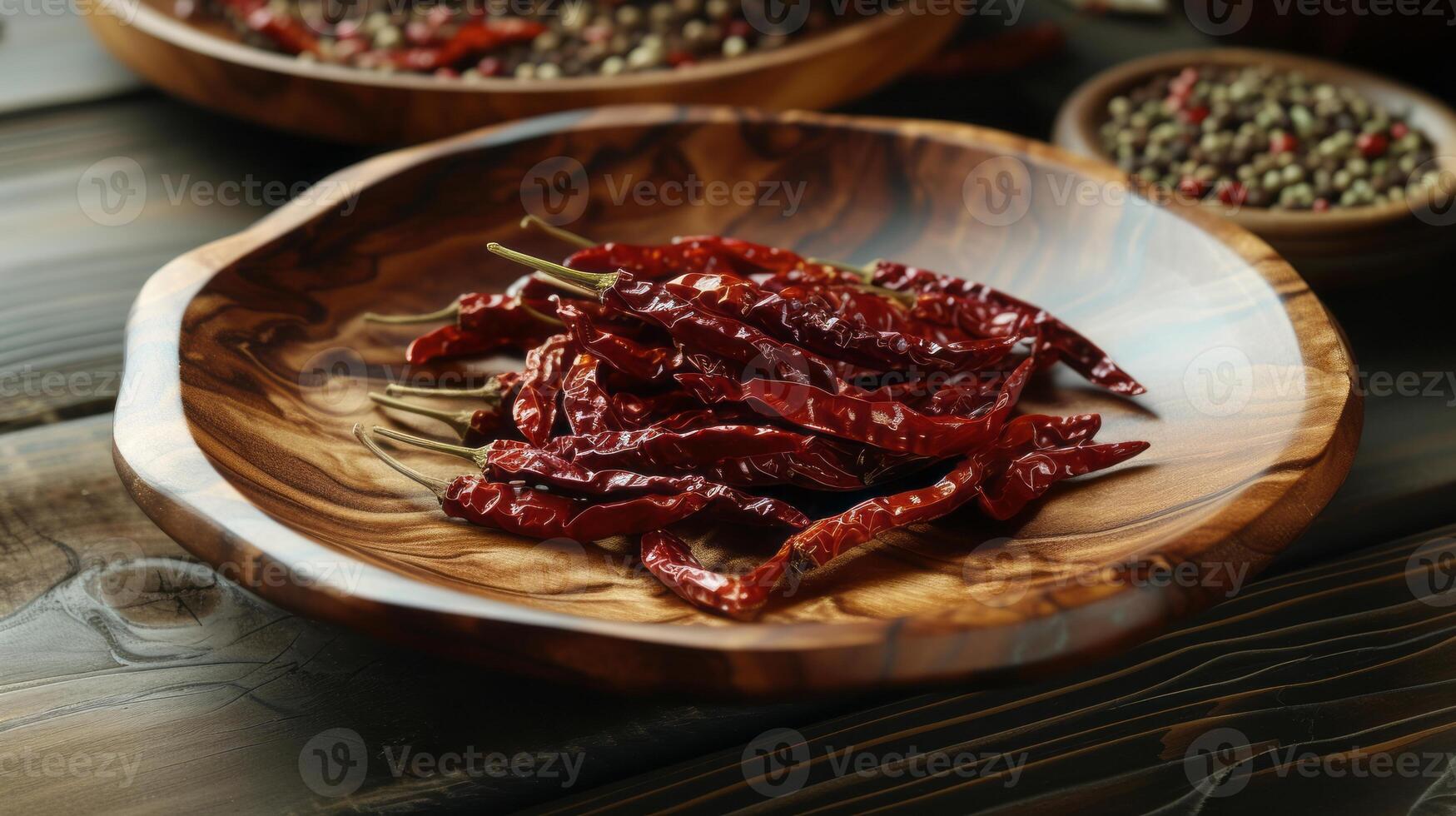 AI generated Dried red pepper in a wooden plate photo