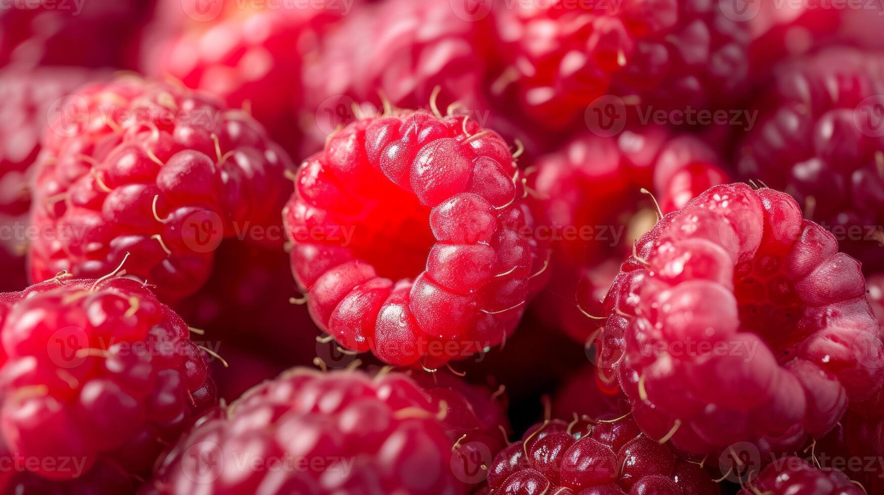 AI generated A close-up view of a group of ripe, vivid red raspberries with a deep, textured detail photo