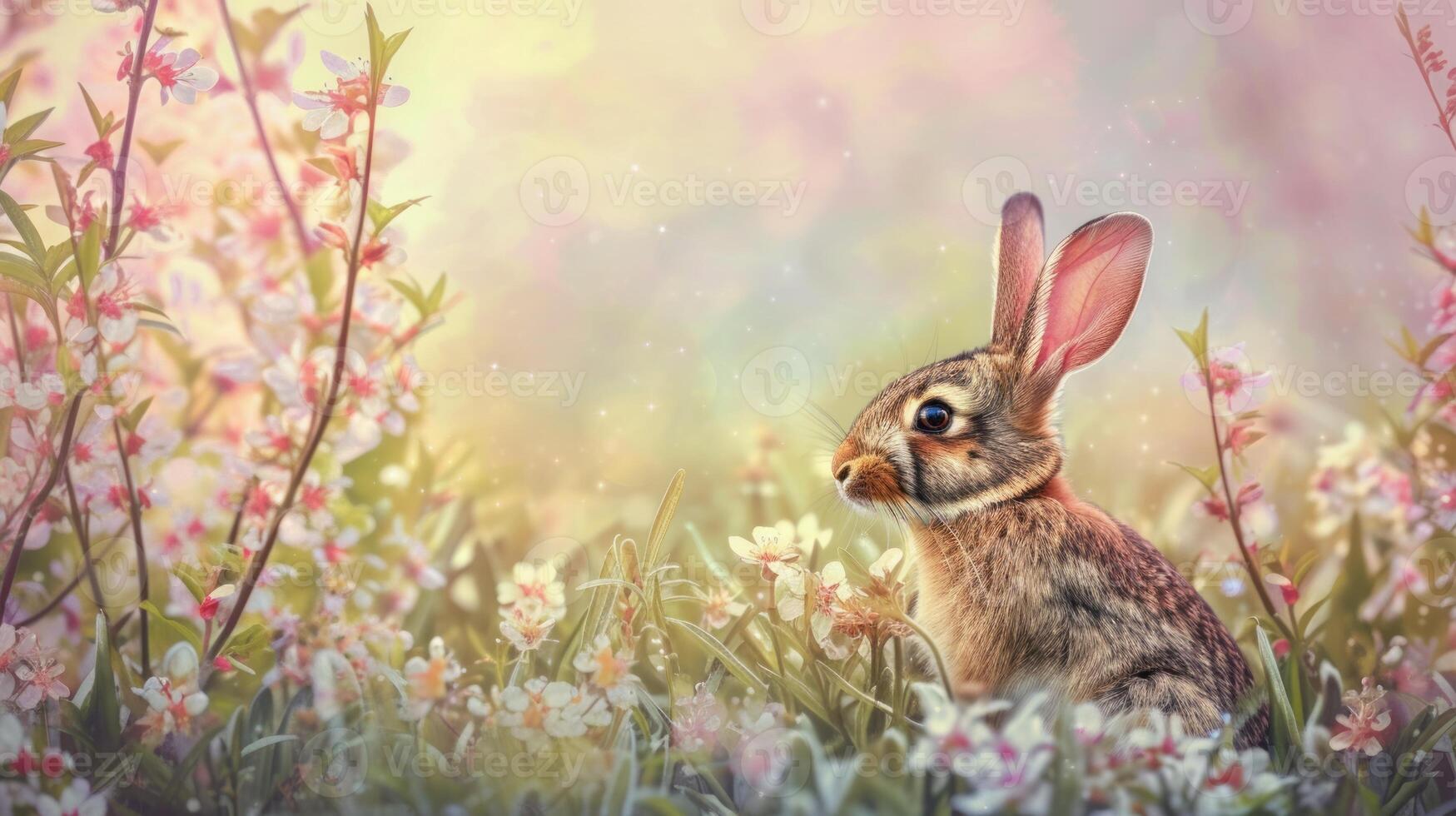 AI generated Easter enchantmentRabbit in a spring blossom field photo