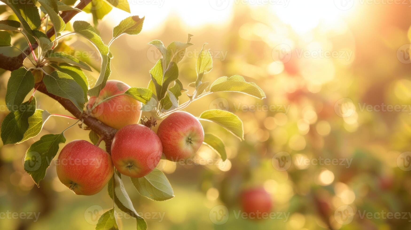 AI generated A branch with natural apples on a blurred background of an apple orchard at golden hour. The concept of organic, local, seasonal fruits and harvest photo