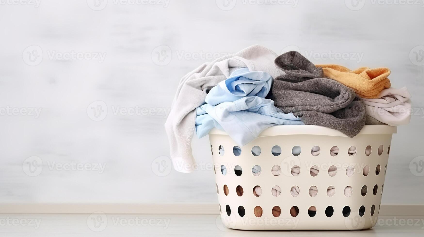 AI generated Laundry basket with dirty clothes on light background. Space for text photo