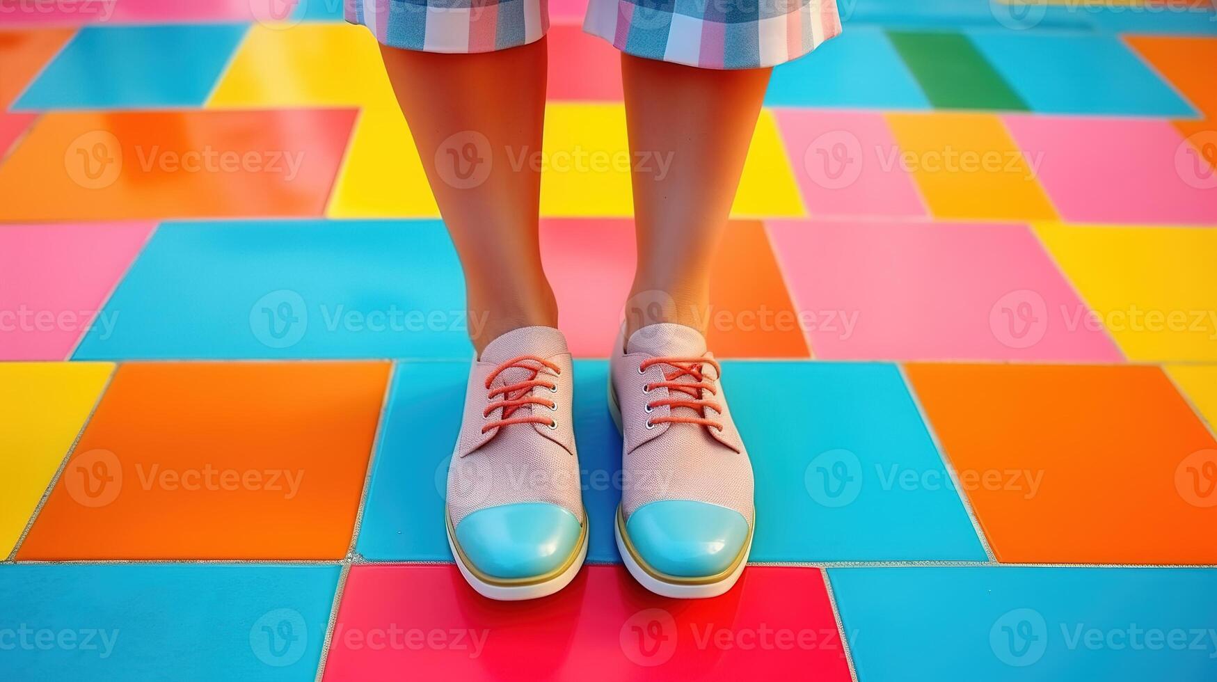 AI generated Legs of little girl in gumshoes standing on colorful background photo