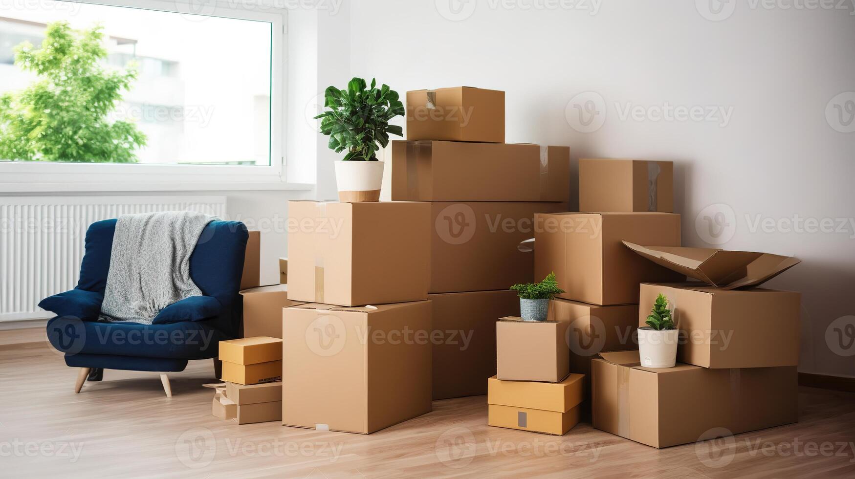 AI generated Moving boxes in empty room. Concept of moving into a new house photo