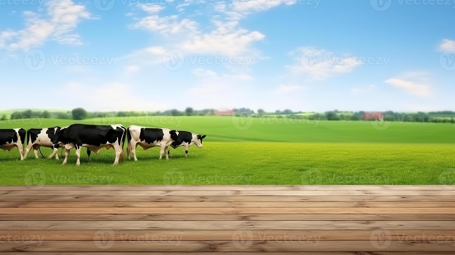 Cows grazing on green meadow with blue sky and wooden floor photo