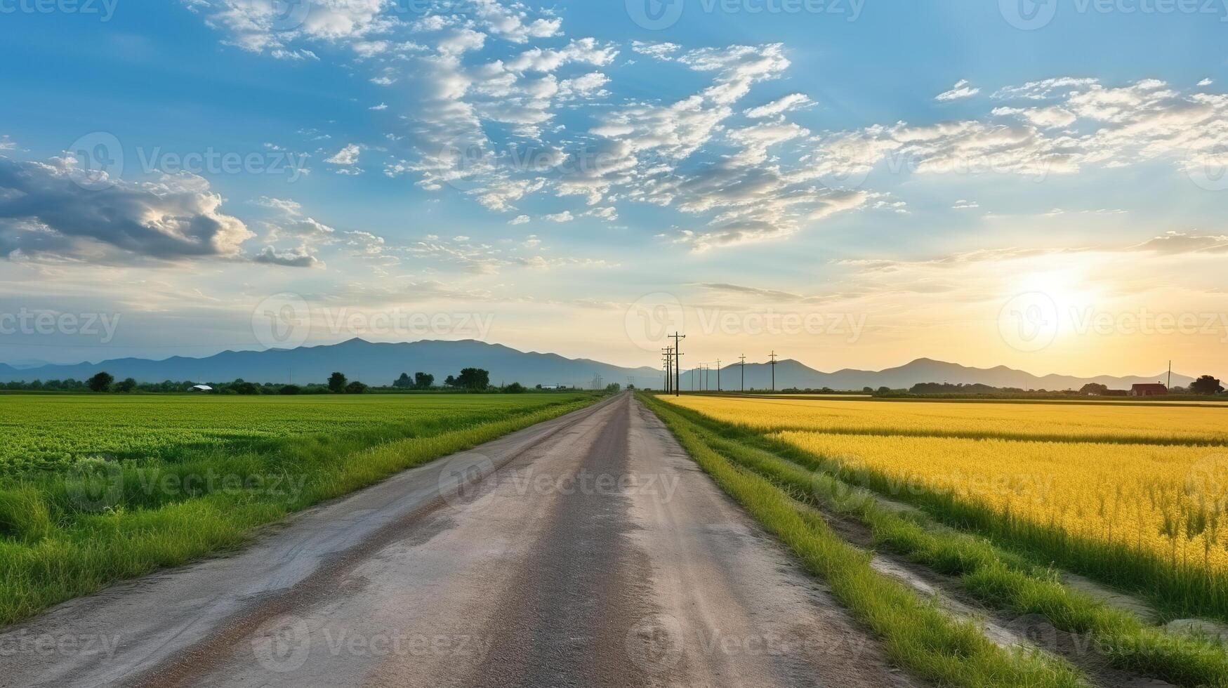 Rice field and road in the countryside with blue sky background. photo