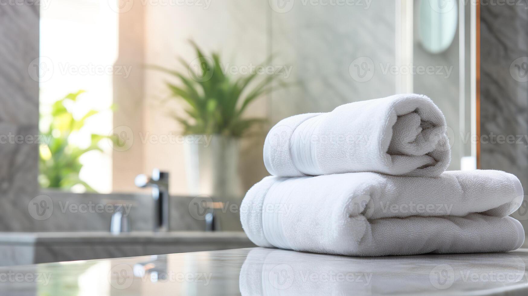 AI generated Stack of clean towelsle countertop in bathroom, closeup photo