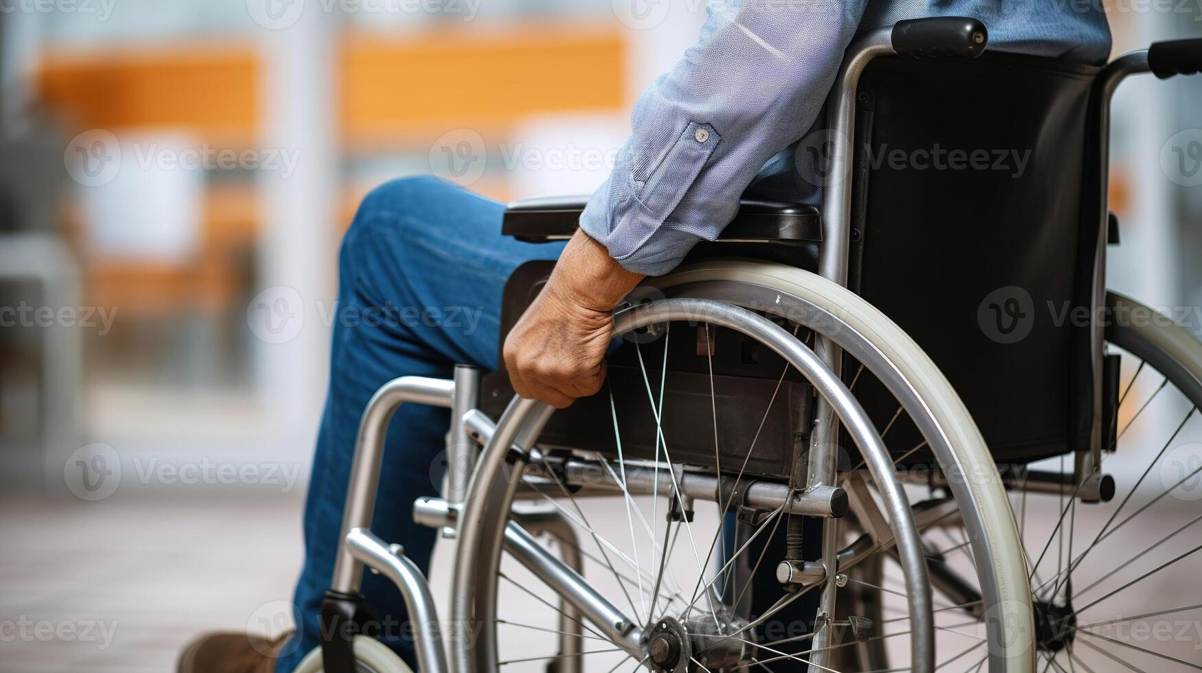 AI generated Cropped image of disabled man sitting in wheelchair at the hospital. photo