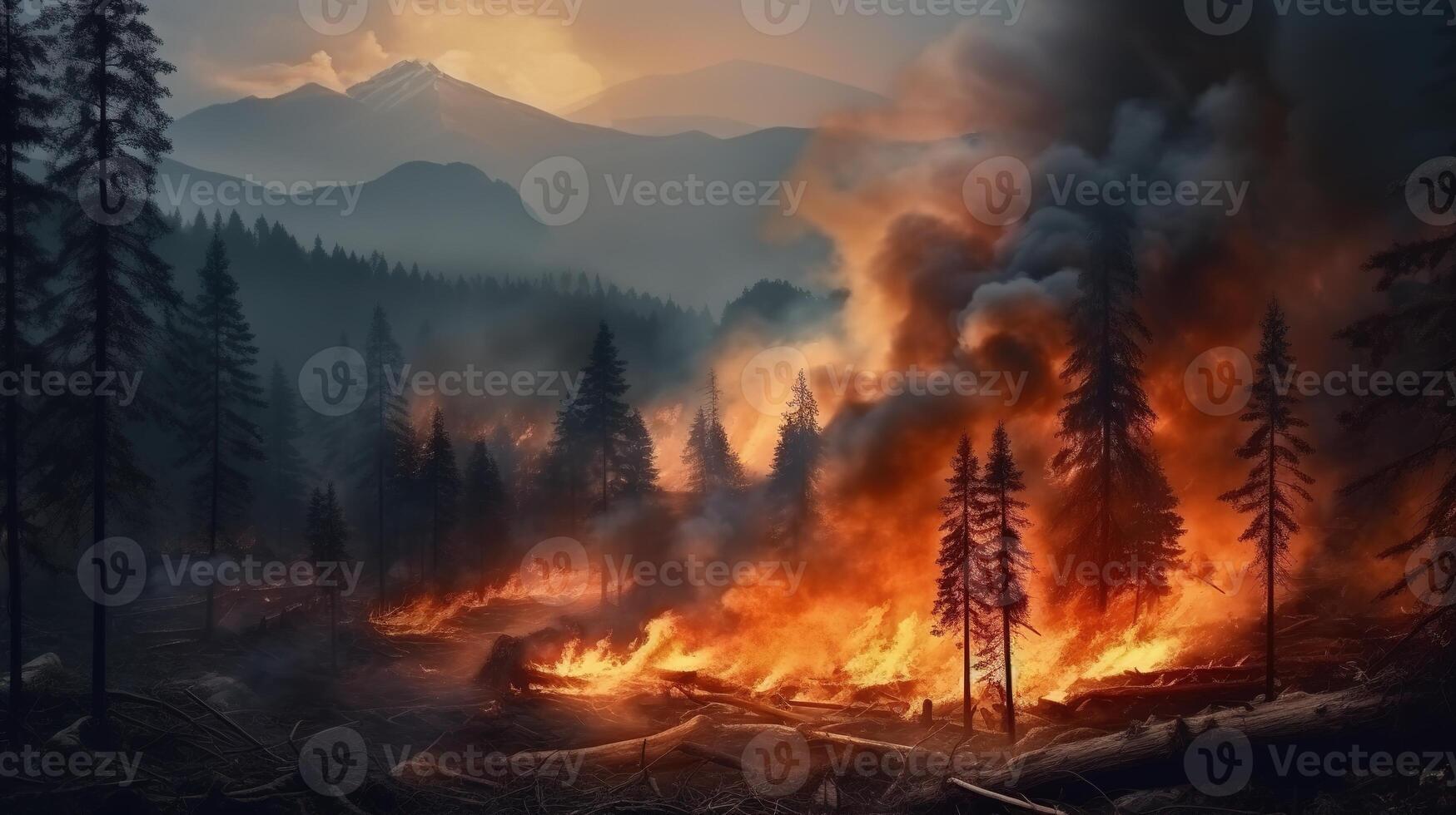 AI generated Burning forest in the Ukrainian Carpathians. The concept of ecological disaster. photo