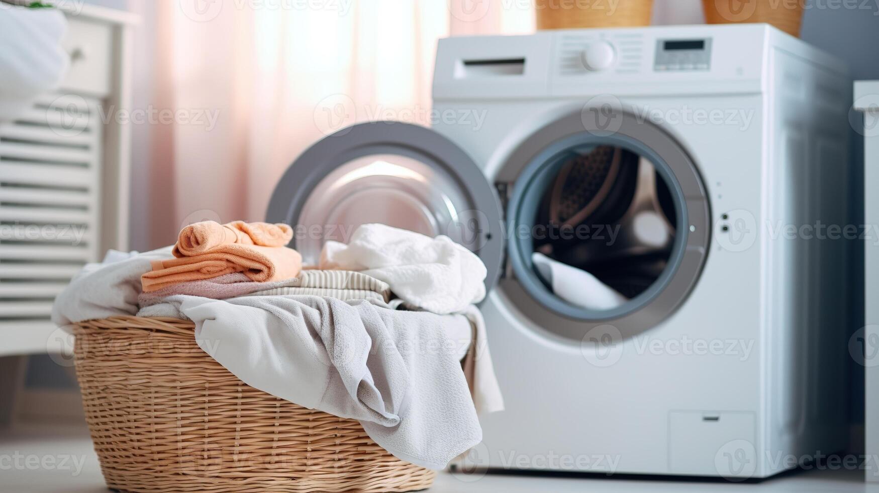 AI generated Washing machine and basket with dirty clothes in laundry room at home photo