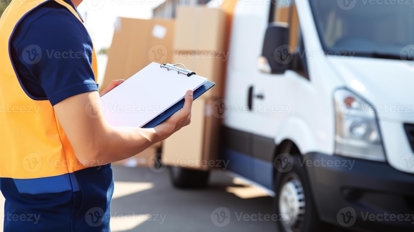 ai generado entrega hombre con portapapeles y camioneta en fondo, de cerca foto