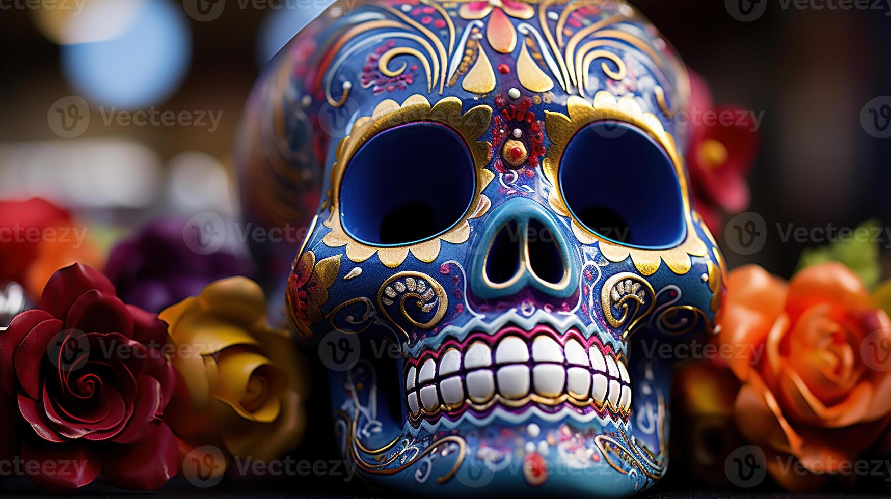 Day of the Dead sugar skull with flowers on dark background, Mexico photo