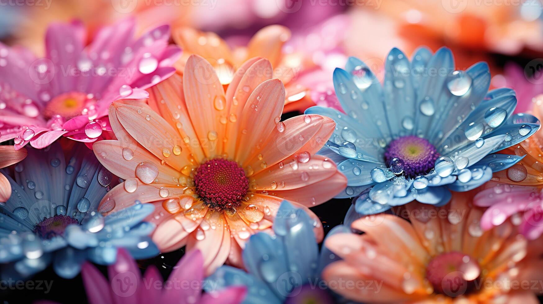 colorful daisies with water drops on petals photo