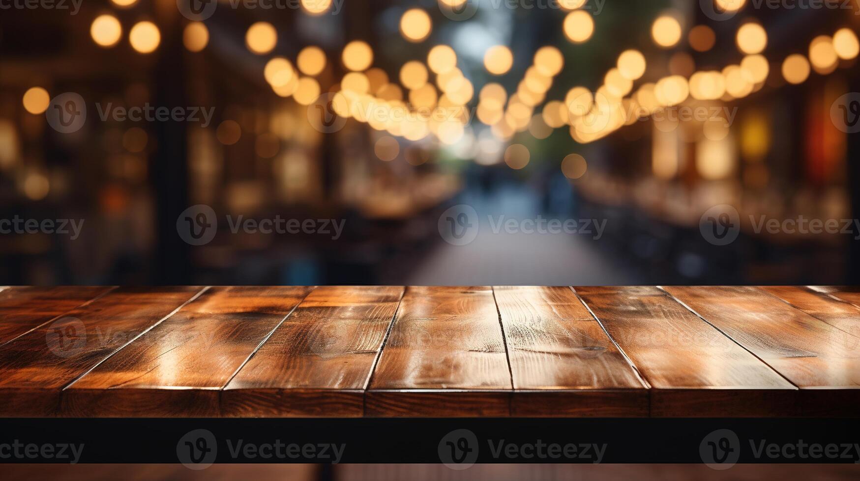Empty wooden table for product display montages with bokeh background photo