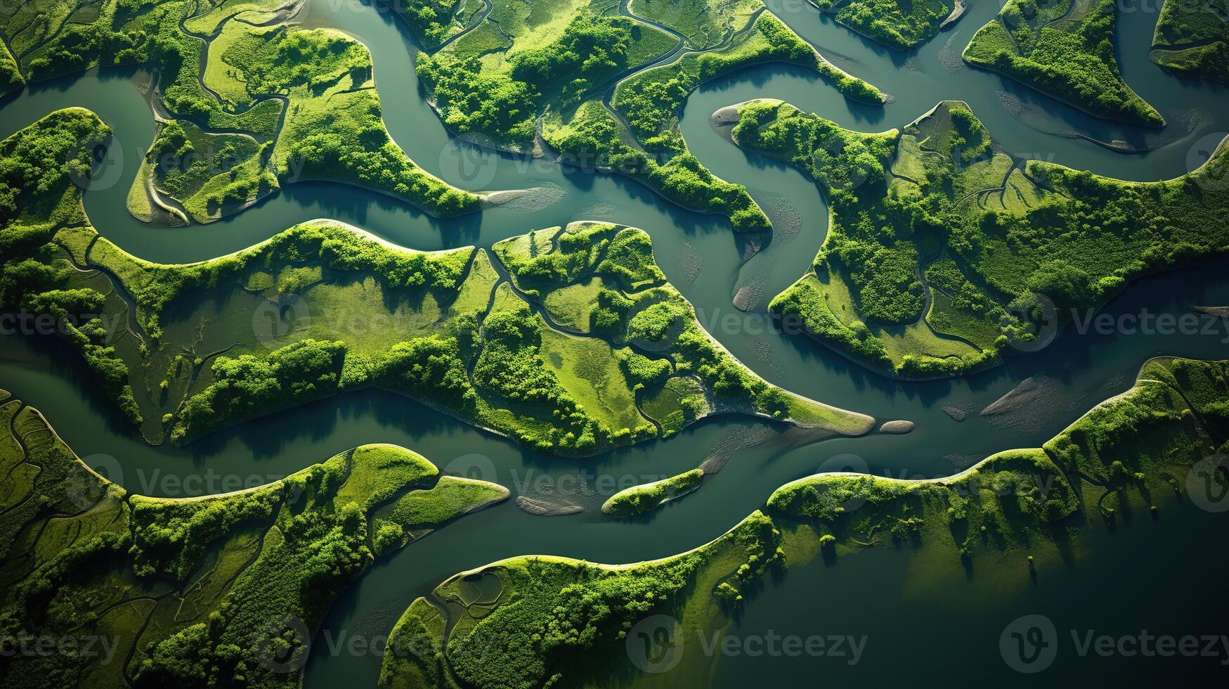 aéreo ver de un pequeño río en el medio de verde bosque foto