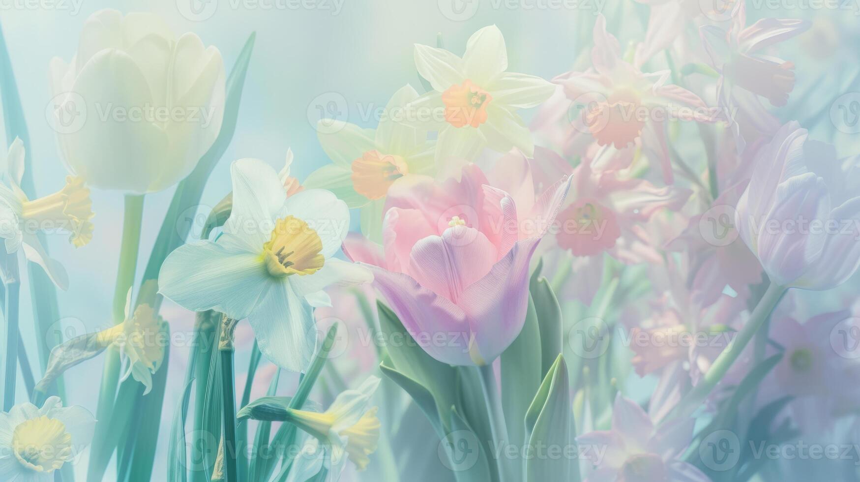 AI generated Pastel colored spring flowers tulips, daffodils, narcissus. Floral background photo