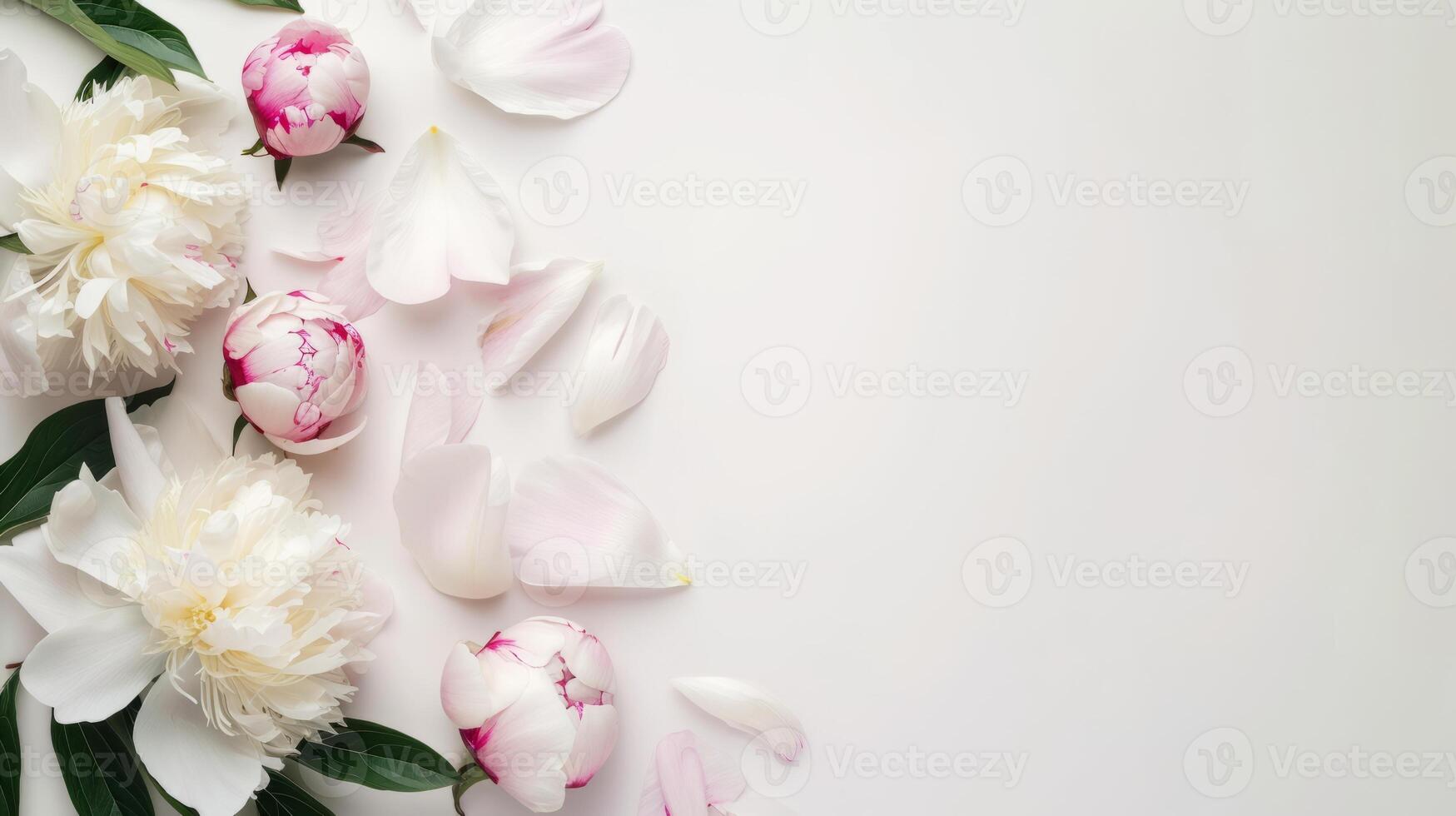 AI generated Many beautiful peonies blossoms on light background with copy space photo