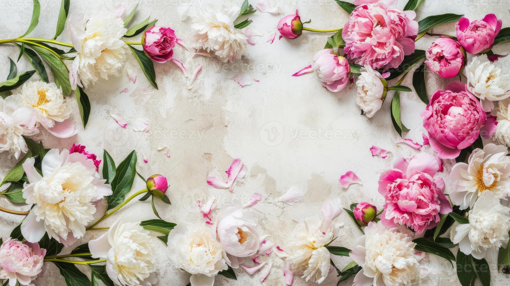 AI generated Many beautiful peonies blossoms on light background with copy space photo