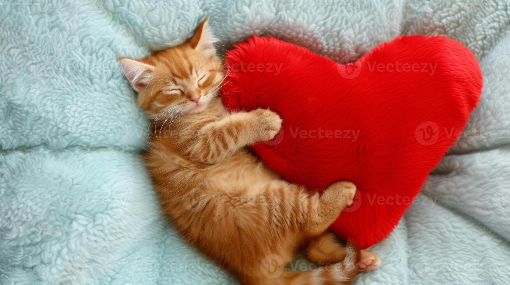 AI generated Kitten sleeping on the heart-shaped pillow, cozy Valentine's day card idea, lazy and chilled Valentine, copy space photo