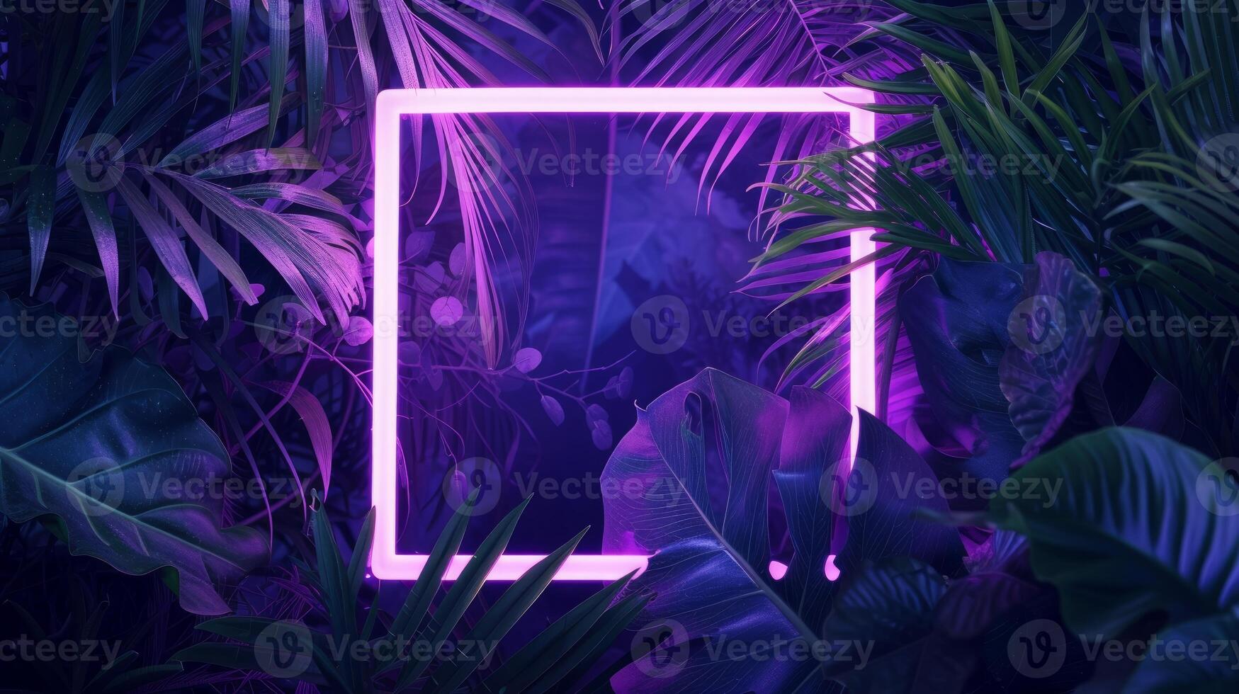 AI generated Neon square frame surrounded by tropical leaves, Creative natural background with ultraviolet exotic plants and luminous border photo
