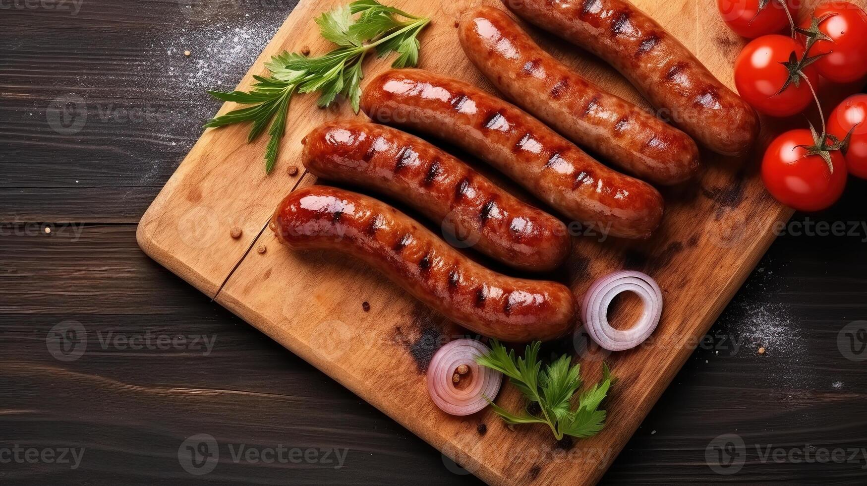 AI generated Grilled sausages on cutting board with vegetables on wooden table photo