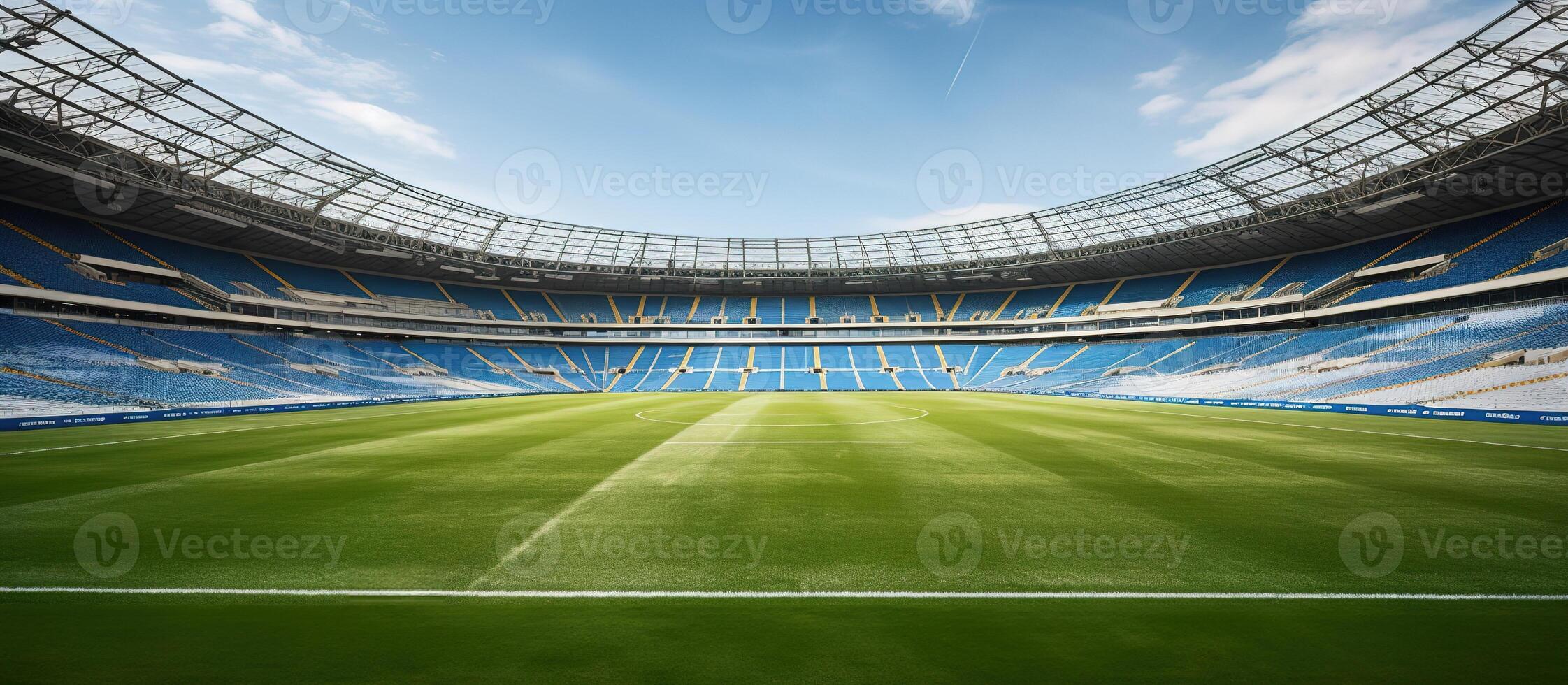 AI generated Empty football stadium with green grass and blue sky. 3d render photo