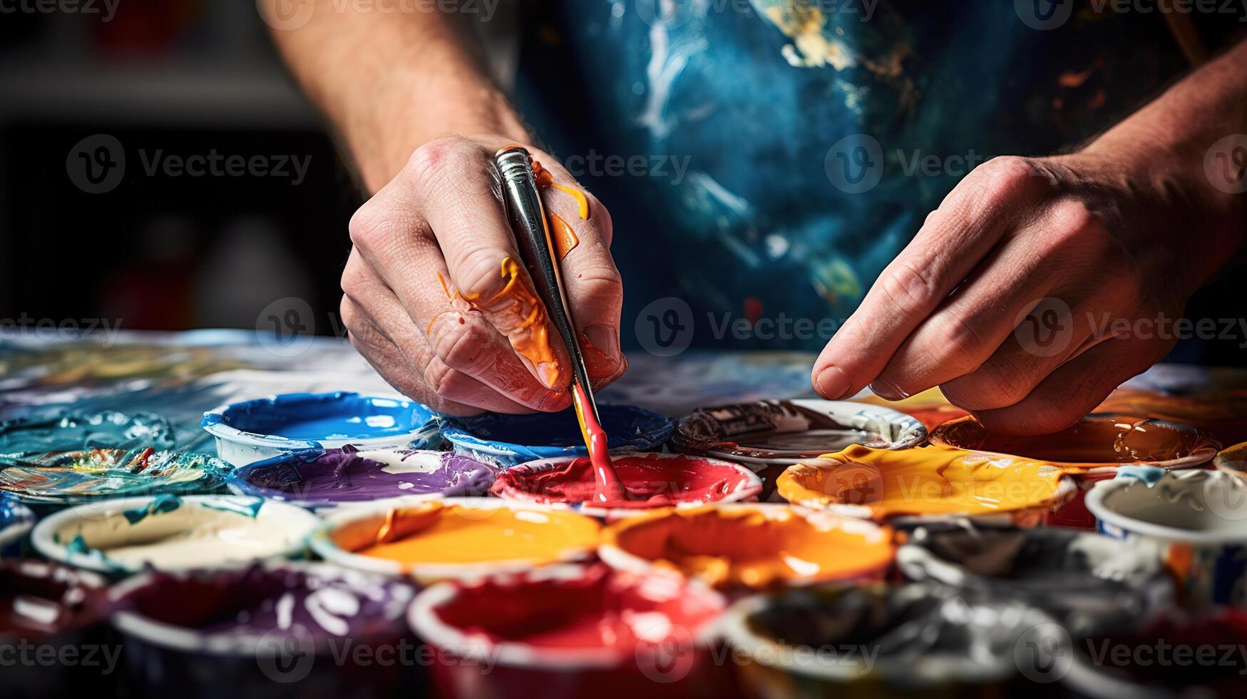 AI generated Close-up of artist's hands holding paintbrush and mixing colors photo