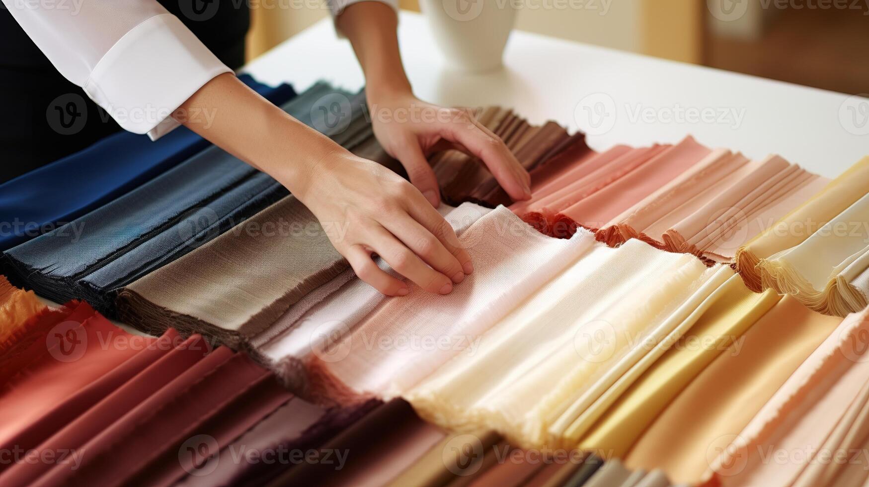 AI generated Close-up of fashion designer choosing fabric in studio, low angle view photo