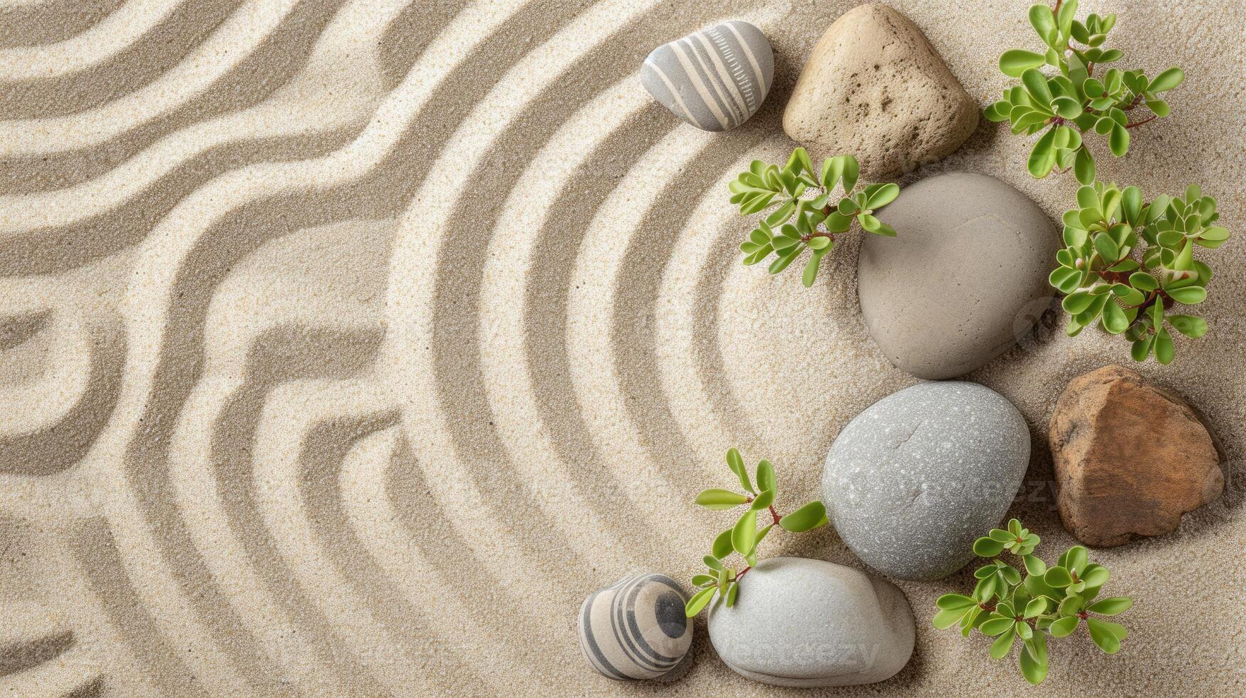 AI generated Smooth pebbles and sprigs of greenery arranged artistically on raked sand, creating a tranquil Zen garden pattern photo