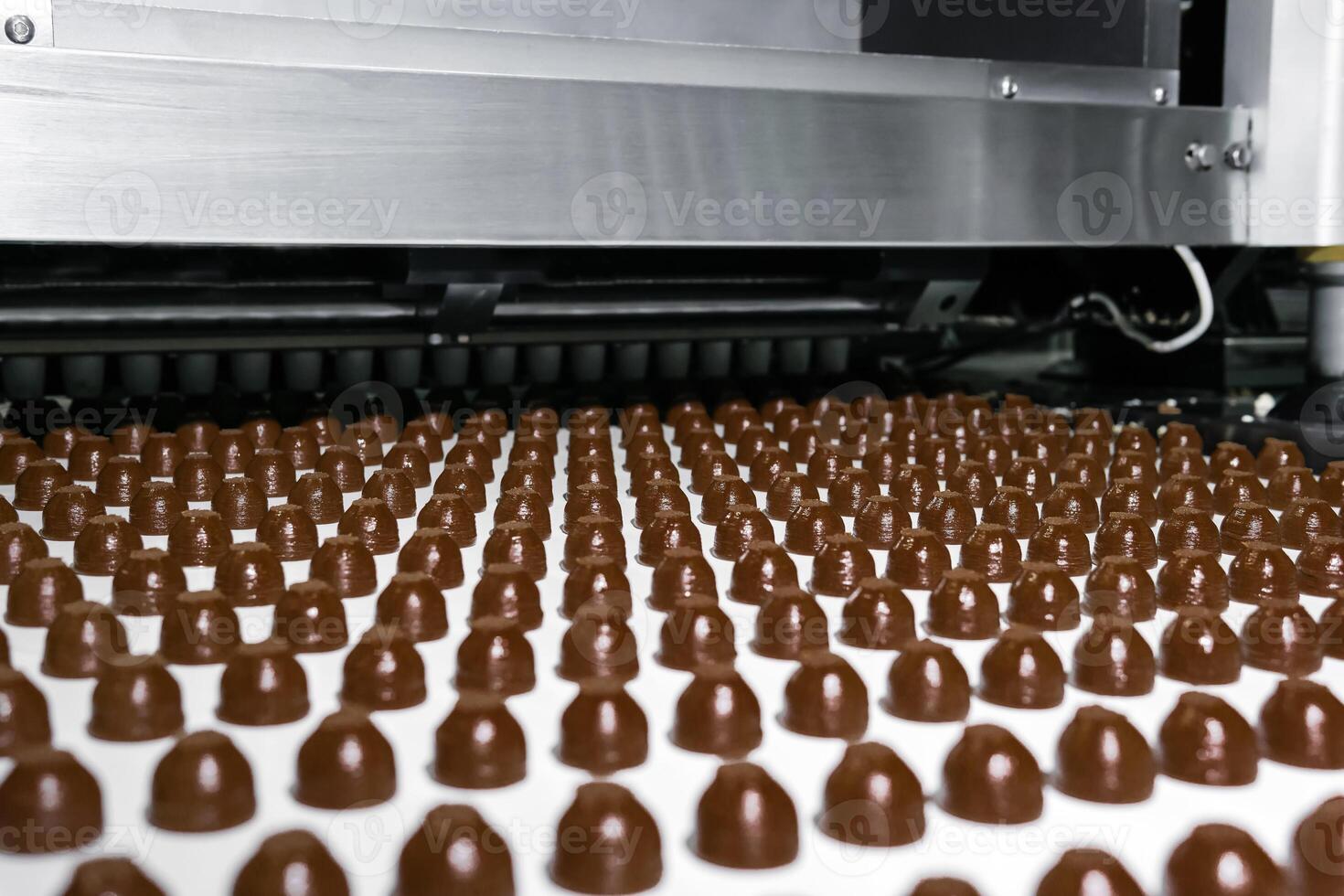 chocolate toppings on the conveyor of a confectionery factory close-up photo