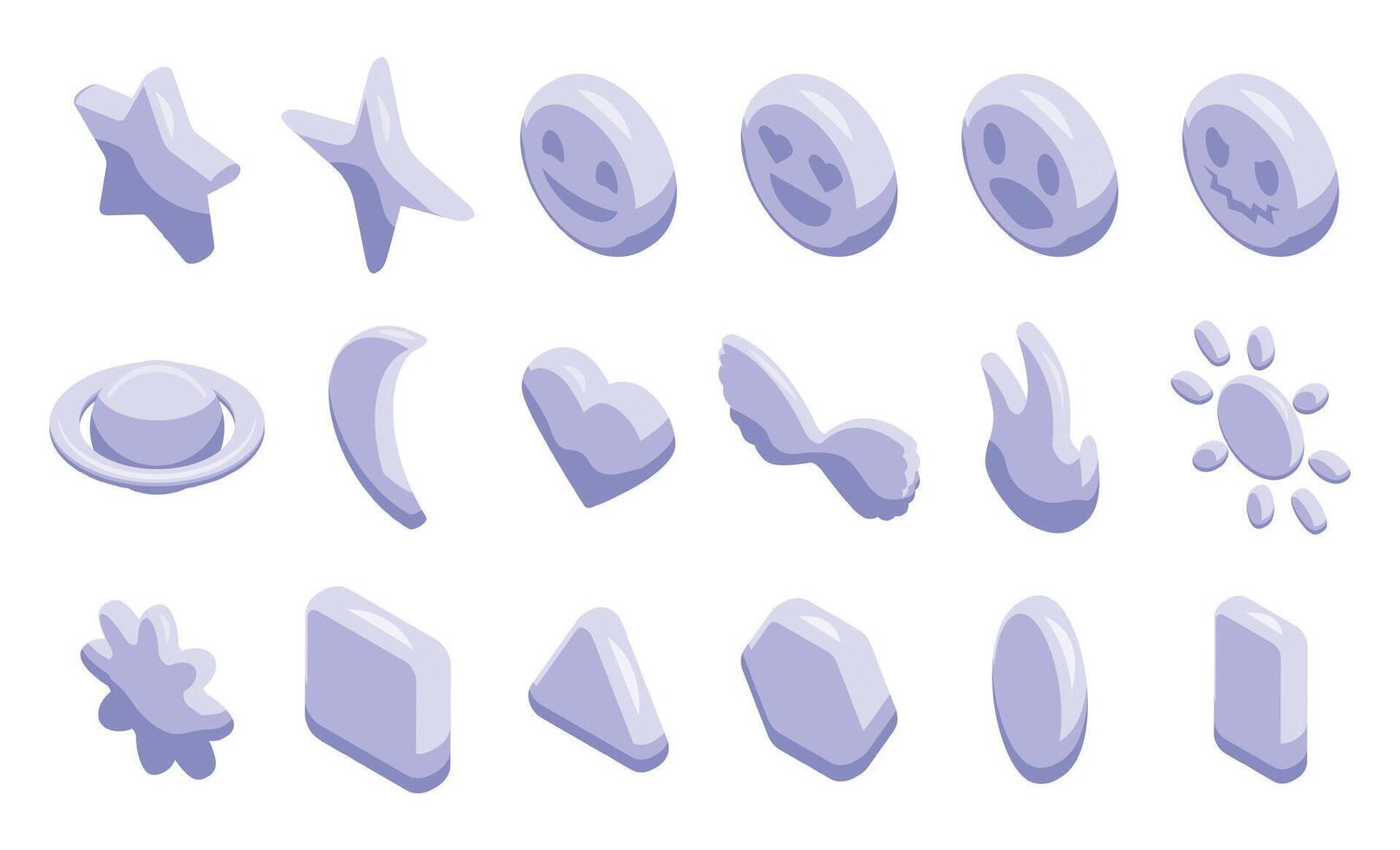 Y2k chrome icons set isometric vector. Shape silver vector