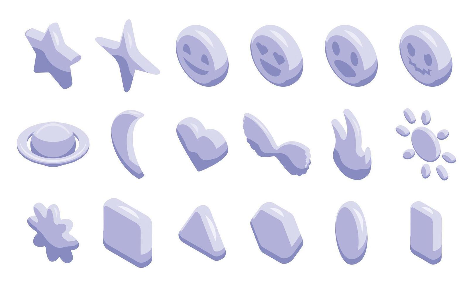 Y2k chrome icons set isometric vector. Shape silver vector