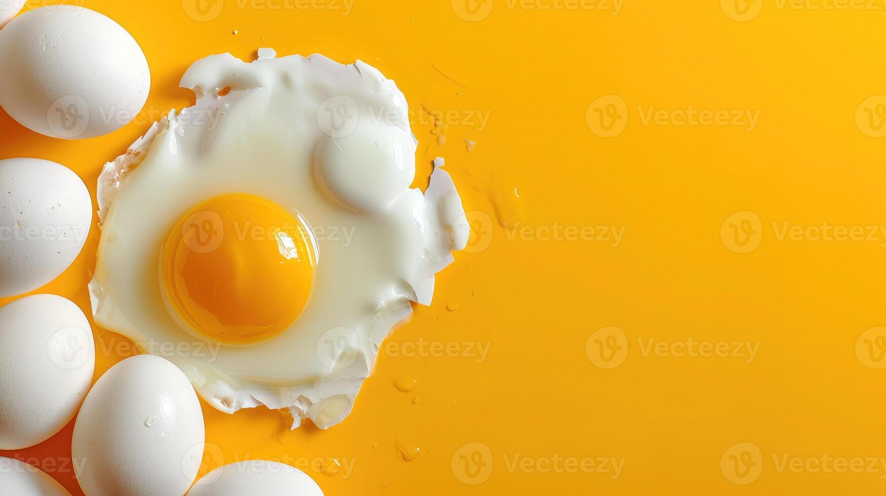 AI generated White eggs and egg yolk on the yellow background photo