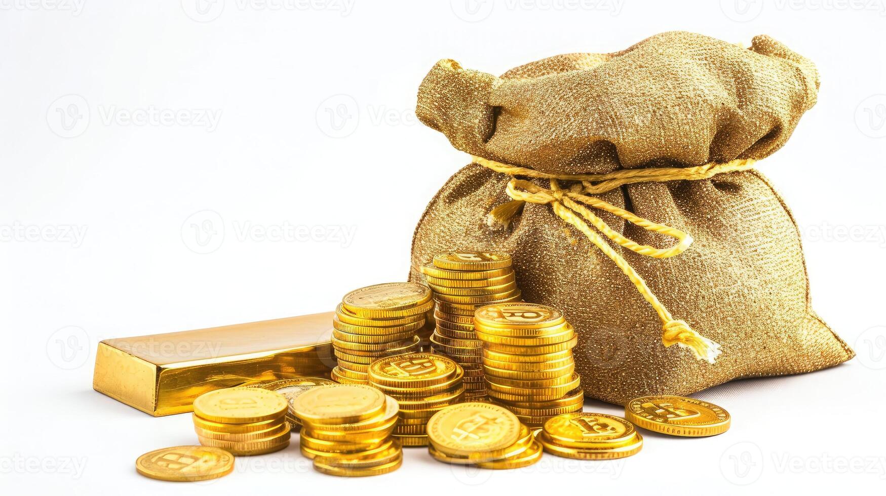 AI generated a lot of gold coins are stacked on top of each other in a treasure sack and a gold bar is placed next to it all on a white background photo