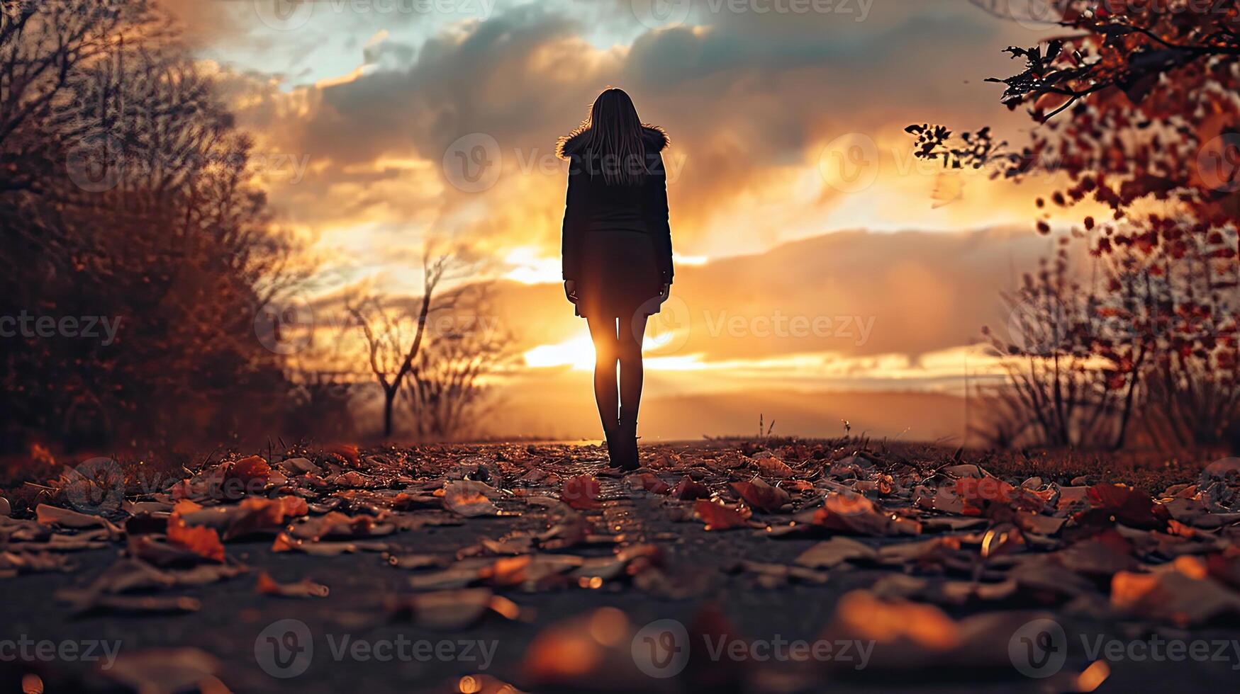 AI generated International migrants day concept  Alone victim woman standing on black autumn sunset background photo