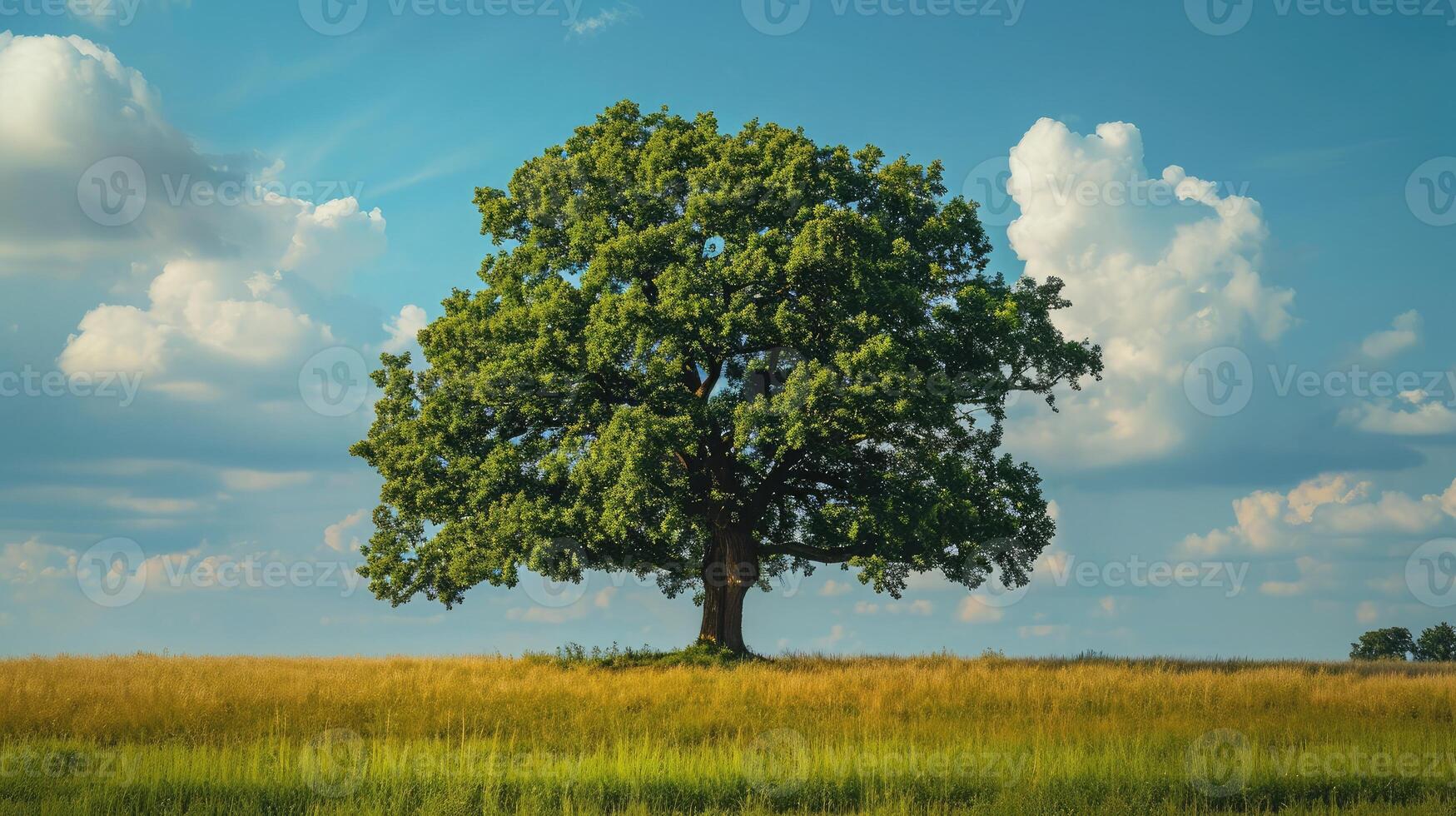 ai generado solitario verde roble árbol en el campo foto