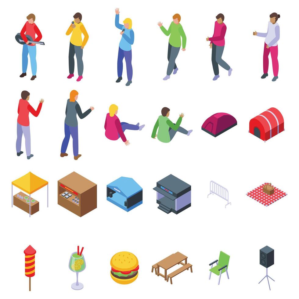 Outdoor public party performance icons set isometric vector. Air live concert vector