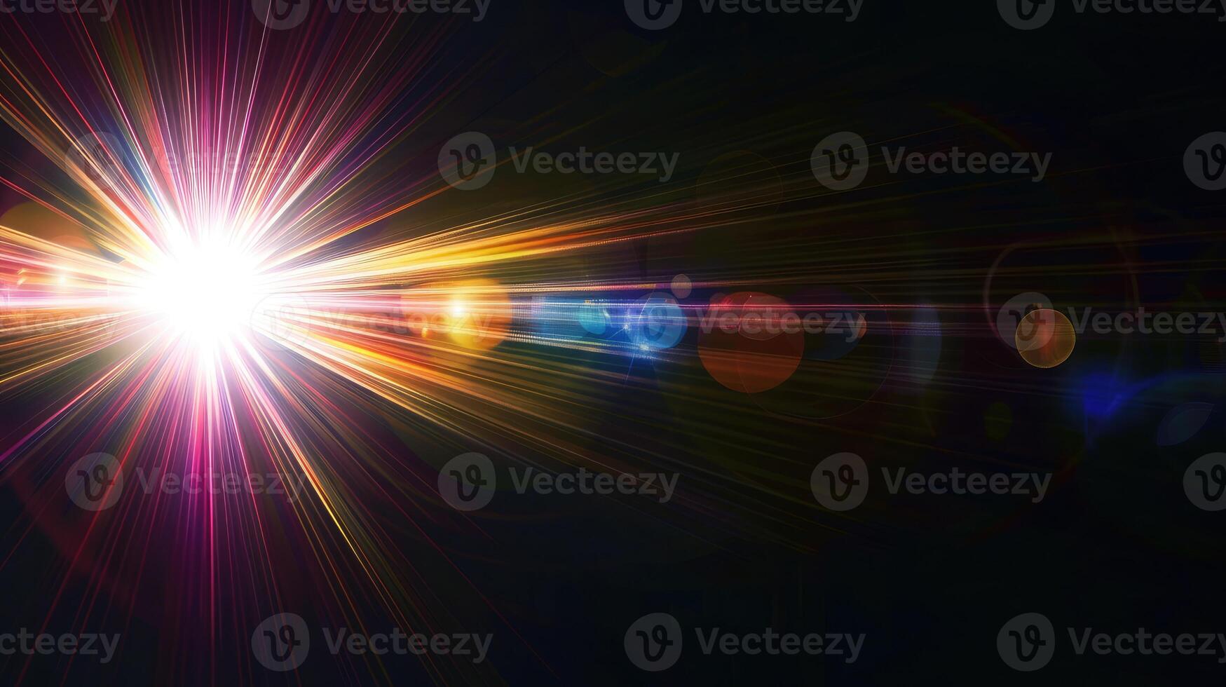 AI generated Abstract sun burst, digital flare, iridescent glare, lens flare effects over black background for overlay designs photo