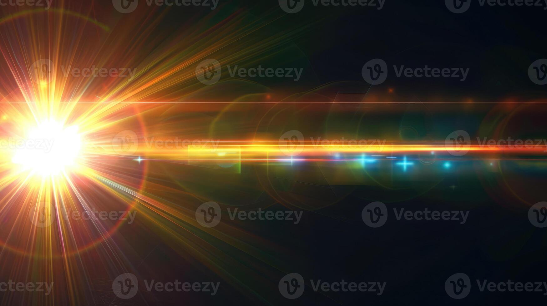 AI generated Abstract sun burst, digital flare, iridescent glare, lens flare effects over black background for overlay designs photo