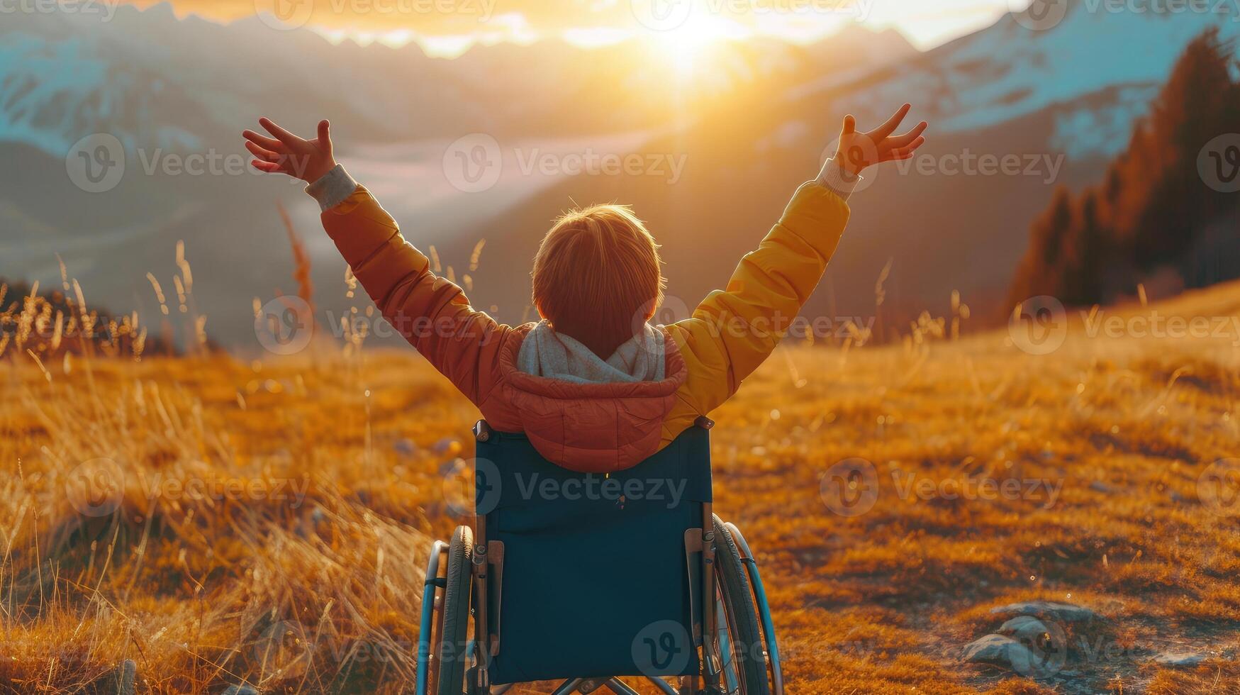 AI generated boy with raised hands up sitting on a wheelchair and enjoying sunset with mountains in the background. photo