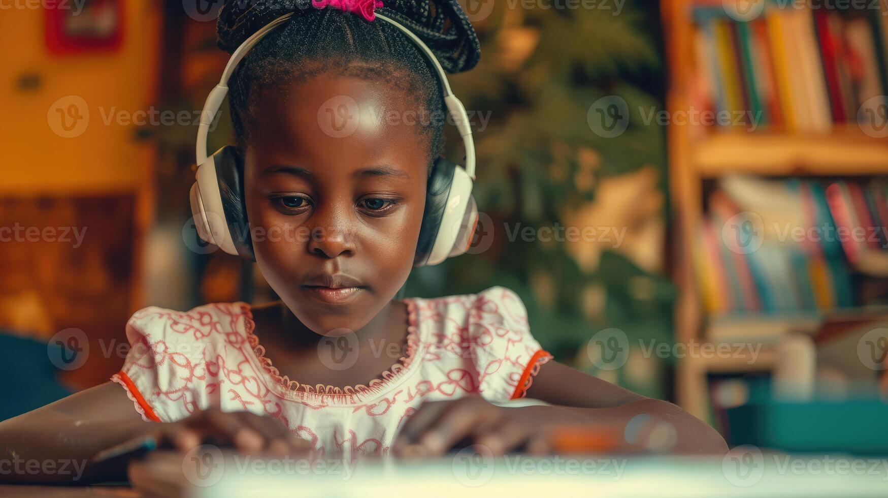 AI generated African little girl sitting at home using headphones and doing homework. photo