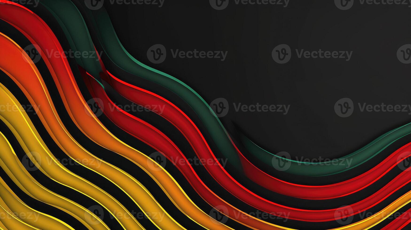 AI generated Black History Month background. Creative modern wavy lines in red, yellow, green colors on black background with copy space for text photo