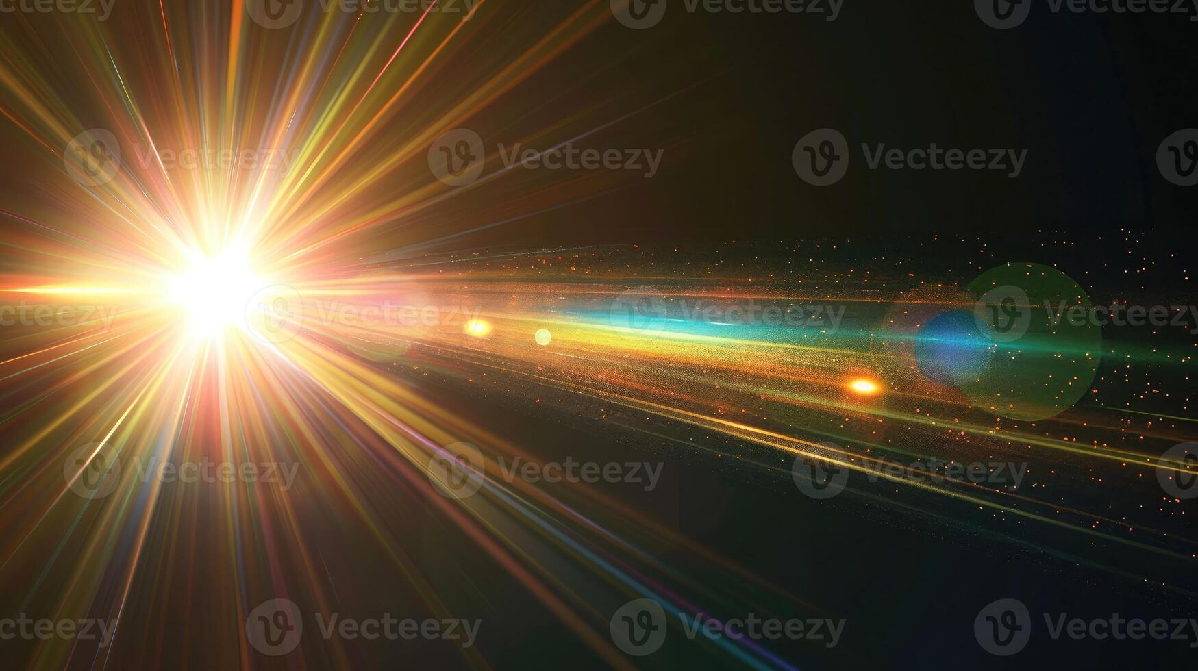 AI generated Abstract sun burst, digital flare, iridescent glare, lens flare effects over black background for overlay designs photo