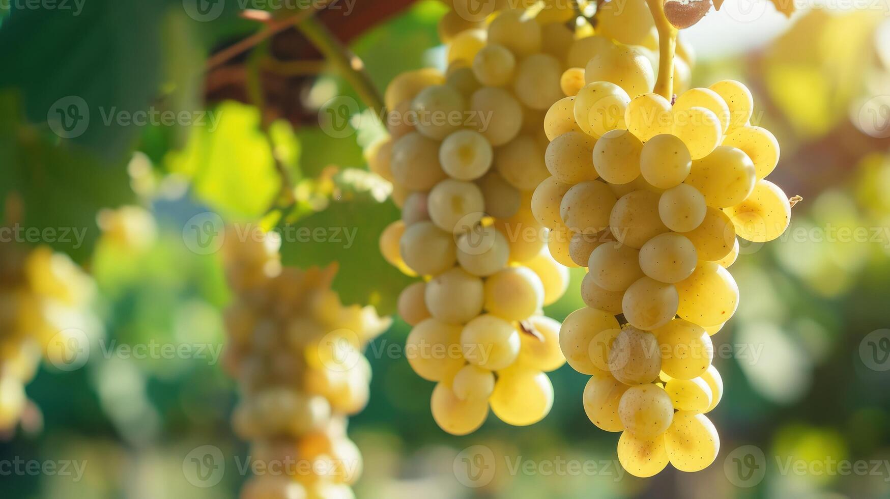 AI generated Close up of grapes hanging on branch. Hanging grapes. Grape farming. Grapes farm. Tasty green grape bunches hanging on branch. Grapes photo