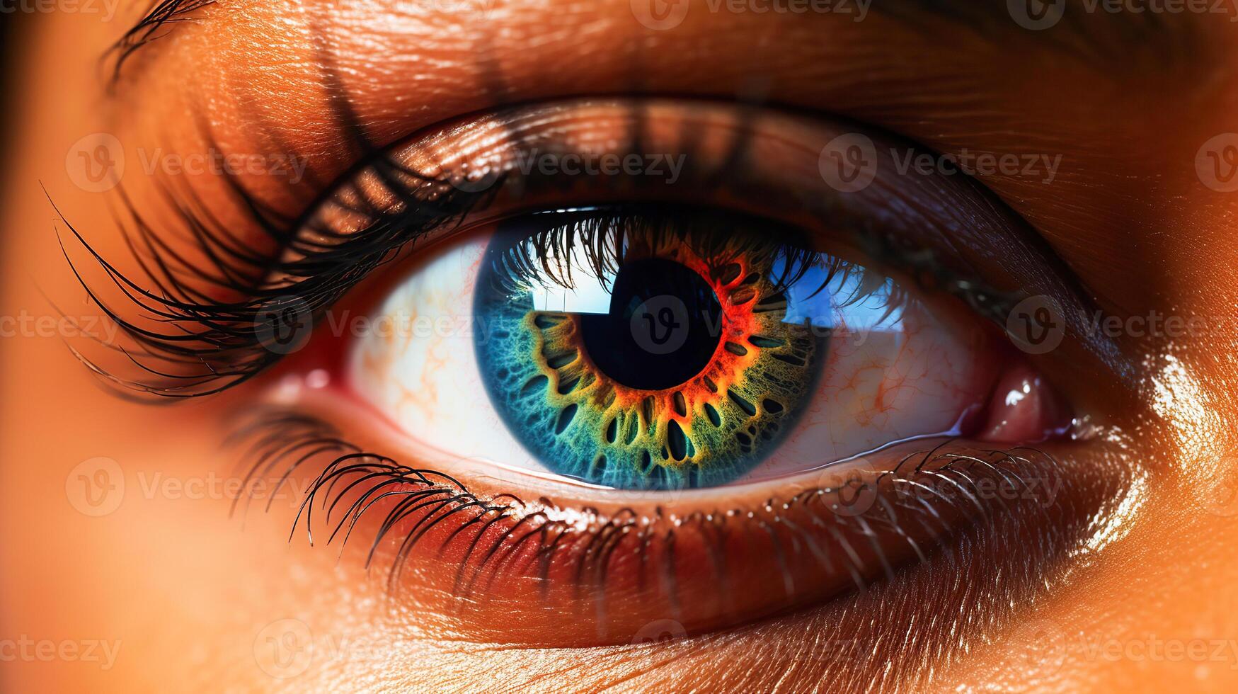 AI generated Close-up of a human eye with a blue and yellow iris, surrounded by colorful eye shadow and long eyelashes, the skin has a warm and dark tone photo