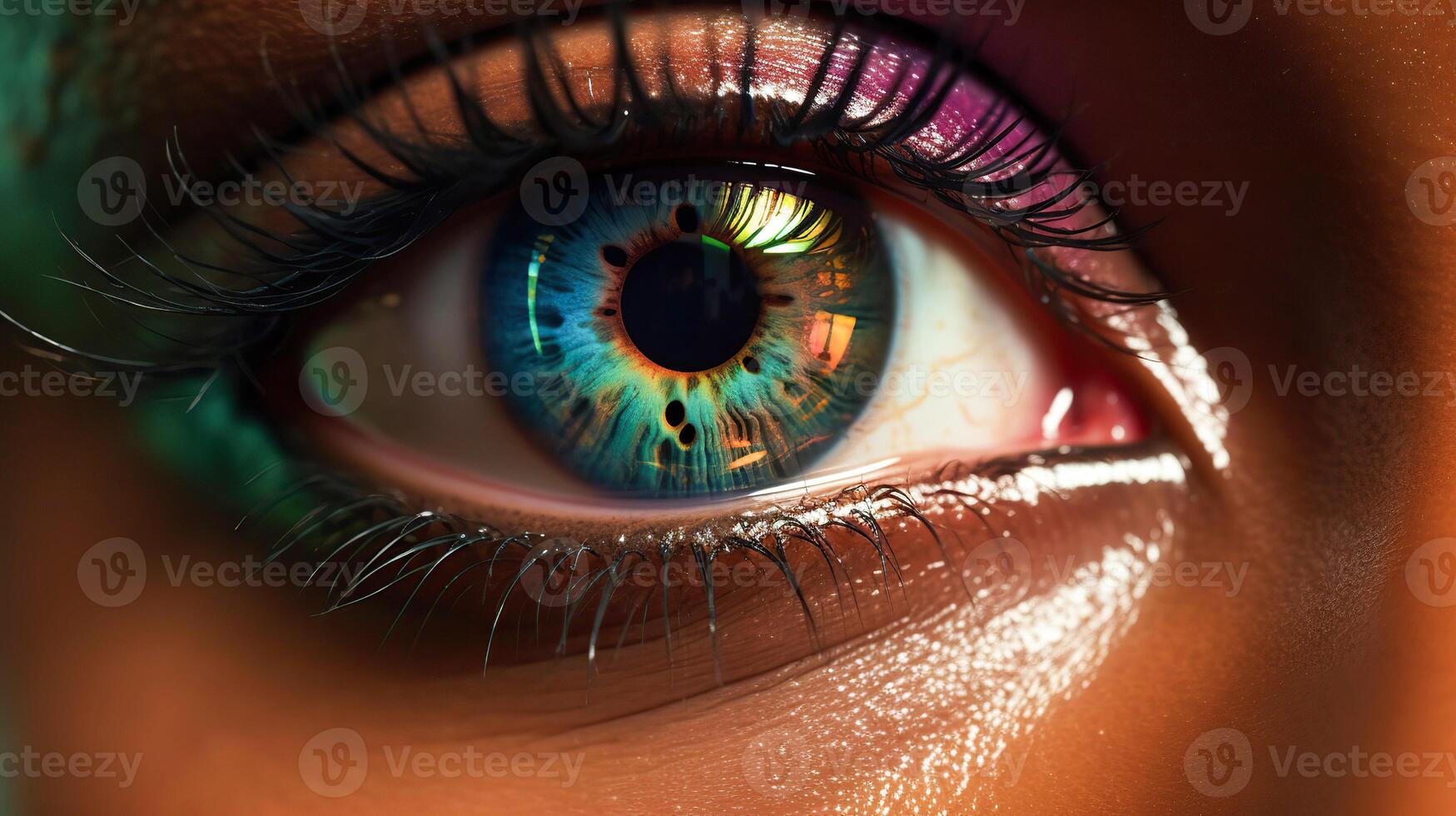 AI generated Close-up of a human eye with a blue and yellow iris, surrounded by colorful eye shadow and long eyelashes, the skin has a warm and dark tone photo