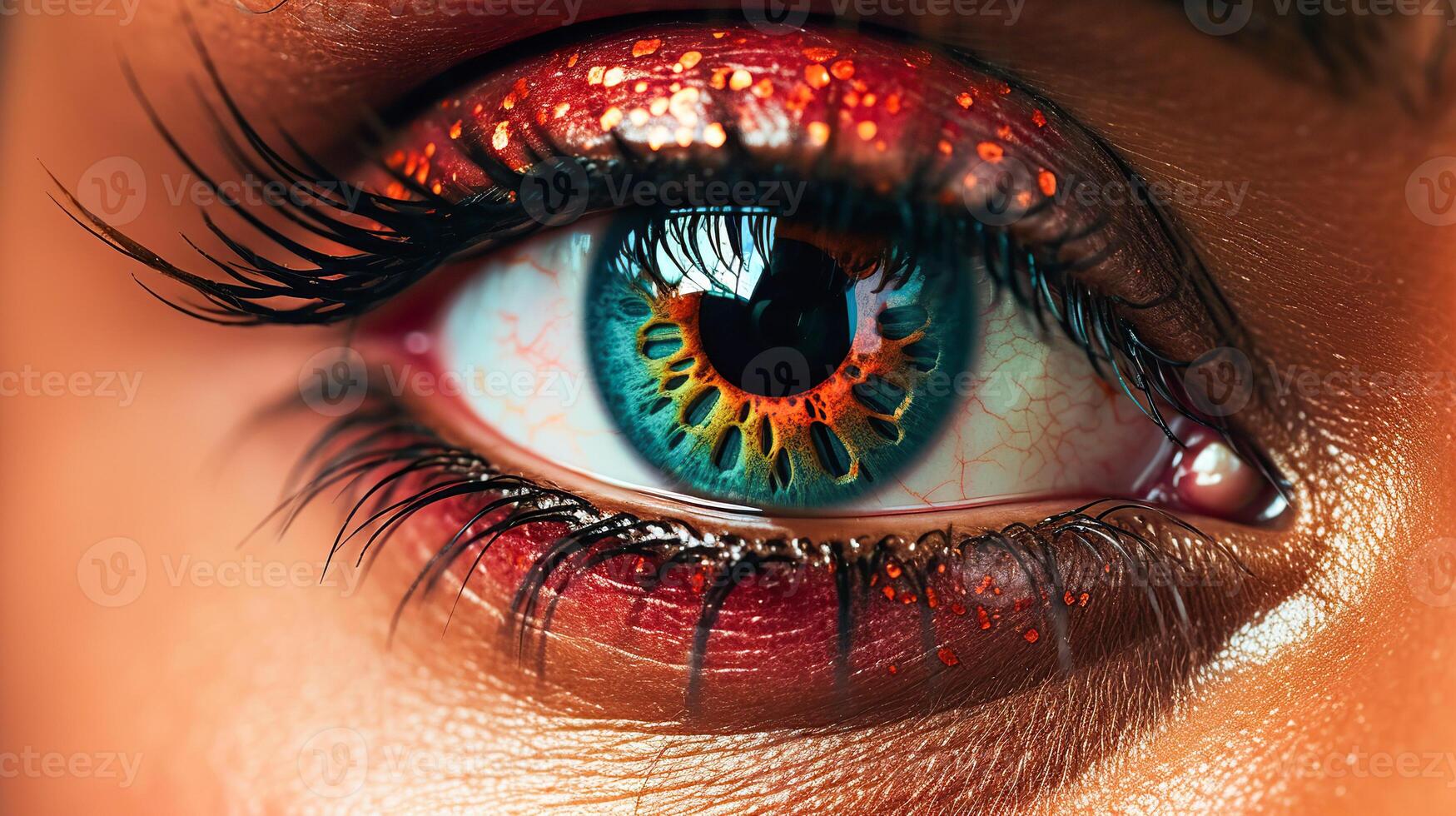 AI generated Close-up of a human eye with a blue and yellow iris, surrounded by colorful eye shadow and long eyelashes, the skin has a warm and dark tone photo