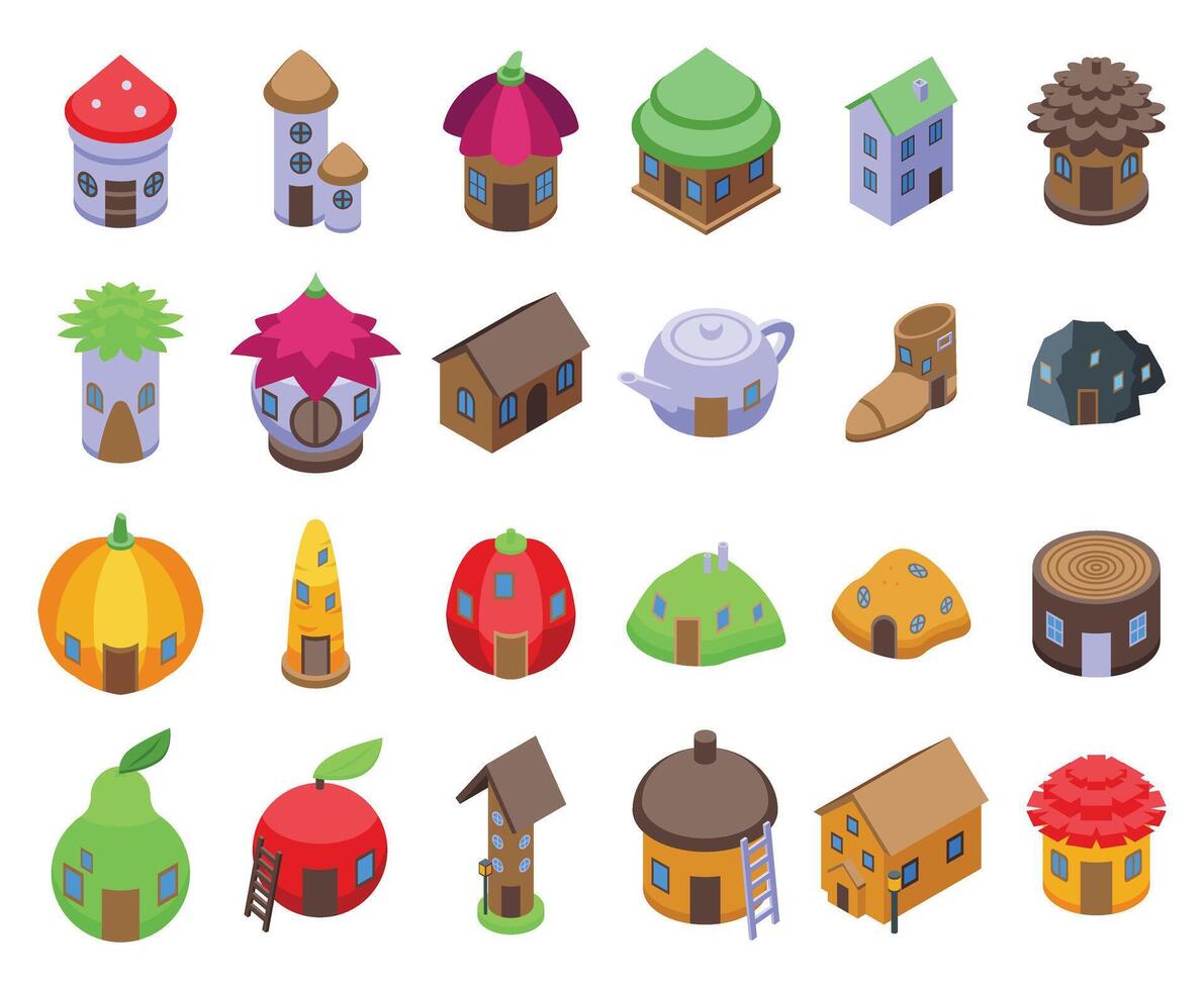 Gnome house icons set isometric vector. Forest mushroom vector