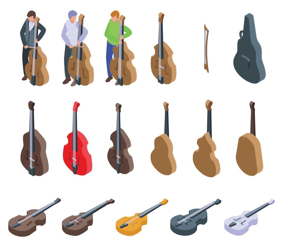 Contrabass icons set isometric vector. Play music instrument vector