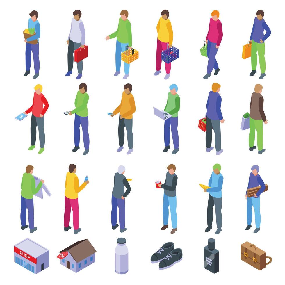 Male buyer icons set isometric vector. Store clothing vector