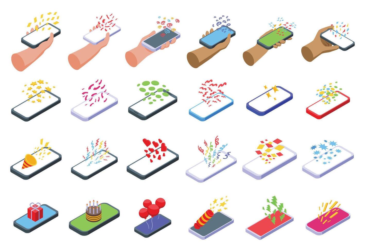 Phone confetti icons set isometric vector. Party cute call vector